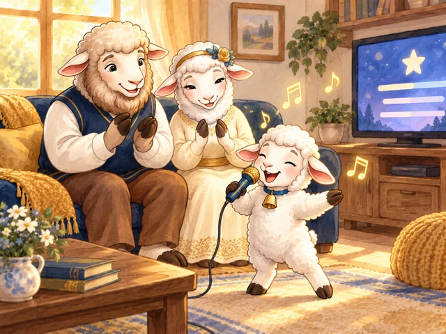 El corderito cantando karaoke mientras sus papás aplauden.