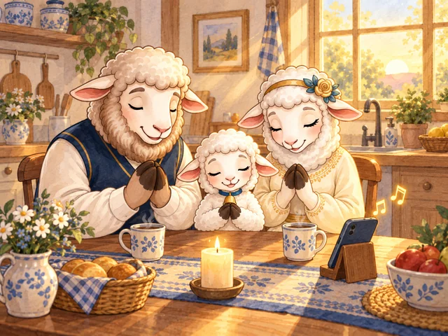La familia Cordeo rezando en la mesa por la mañana.