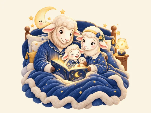 Papá y mamá cordero leyendo un cuento al corderito en la cama.