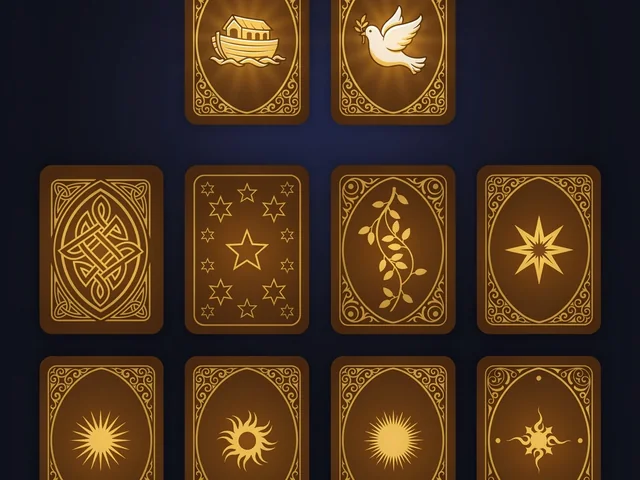 Cartas doradas de un juego de memoria bíblica.