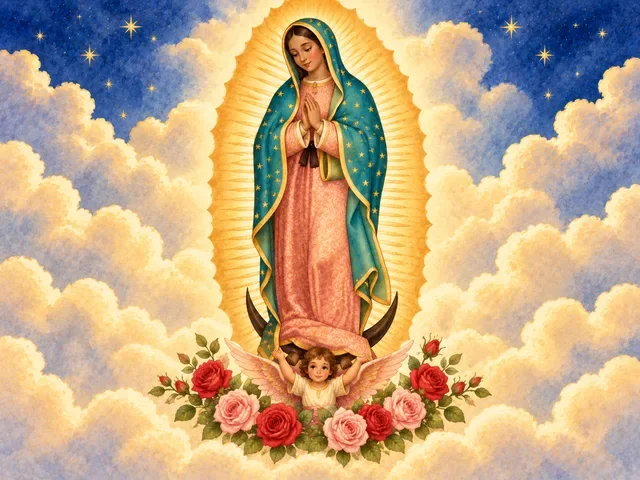 La Virgen de Guadalupe entre nubes y rosas.