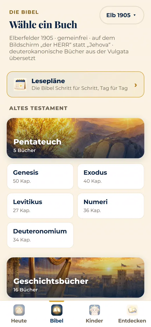 Die Bibel in Cordeo: Liste der Bücher mit ihren Kapiteln.