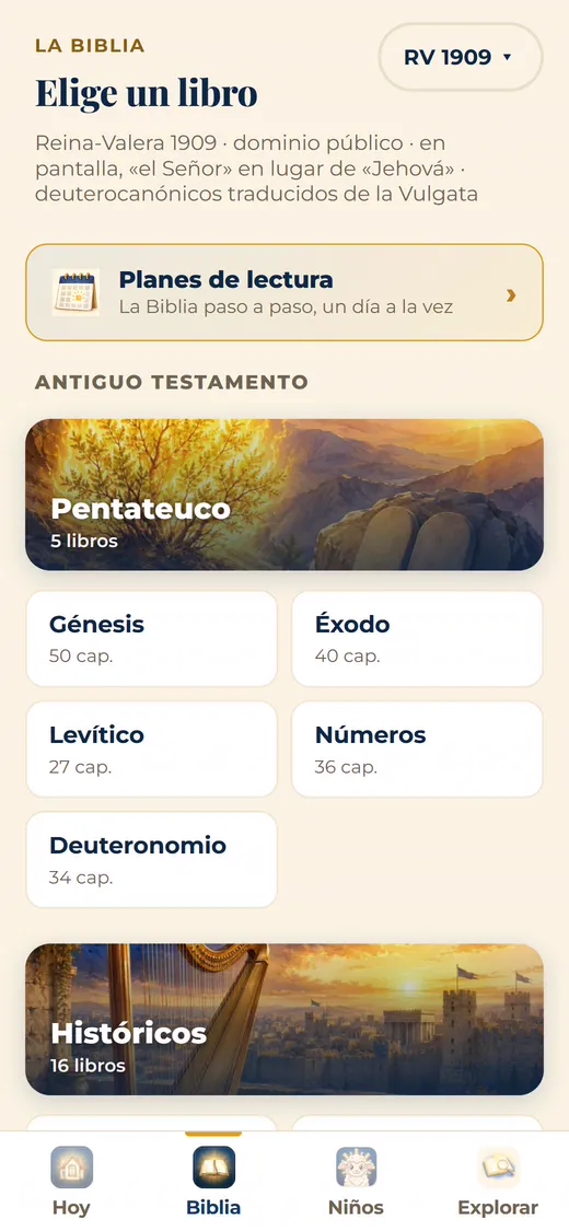 La Biblia en Cordeo: lista de libros con sus capítulos.