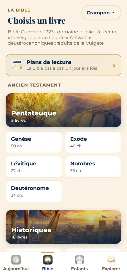 La Bible dans Cordeo : liste des livres avec leurs chapitres.