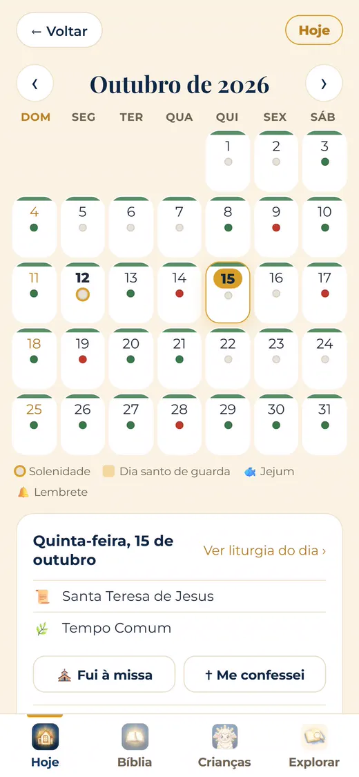 Calendário com as festas, os tempos litúrgicos e as novenas.