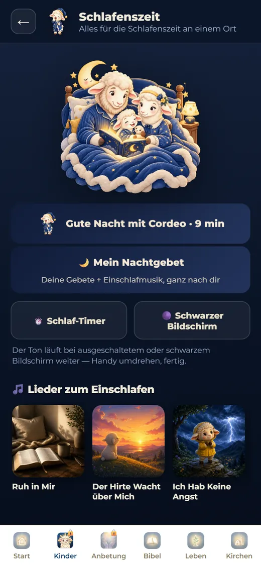 Bildschirm von Cordeo mit dem Abendritual für Kinder.
