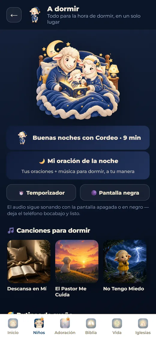 Pantalla de Cordeo con el ritual para dormir a los niños.