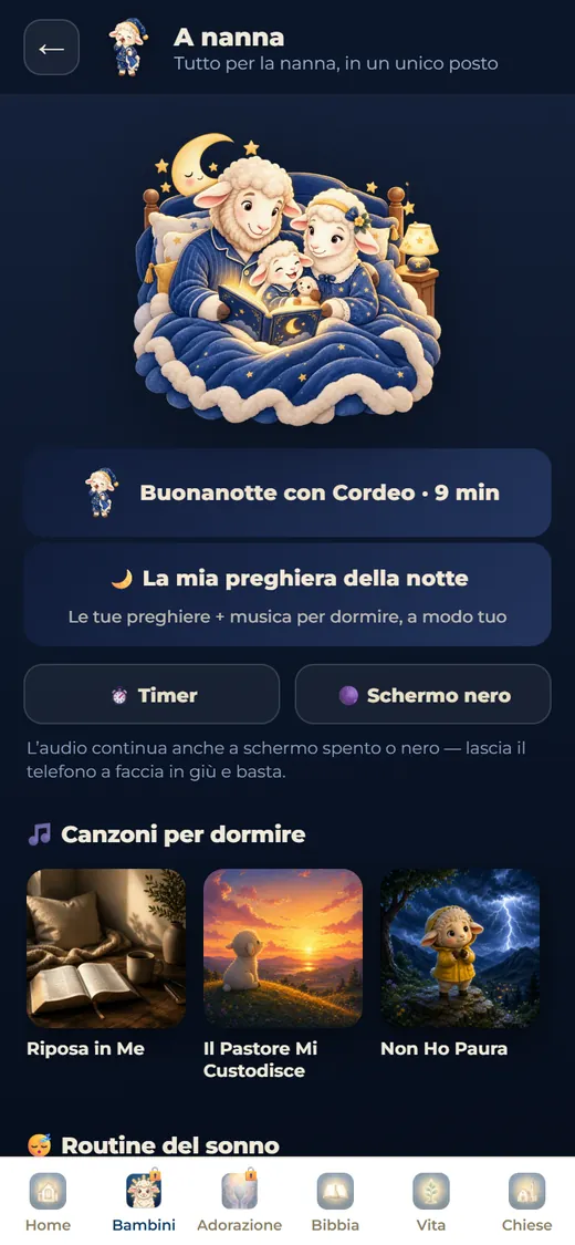Schermata di Cordeo con il rituale della buonanotte per i bambini.