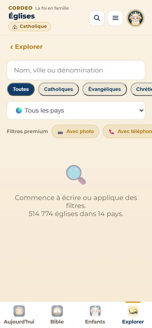 Recherche d'églises par nom, ville ou tradition.