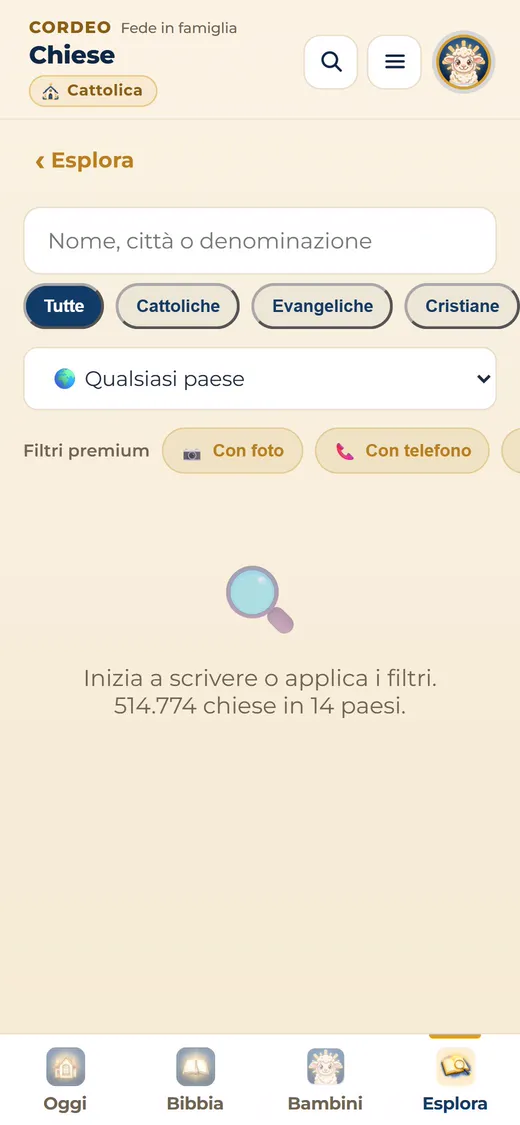 Ricerca di chiese per nome, città o tradizione.