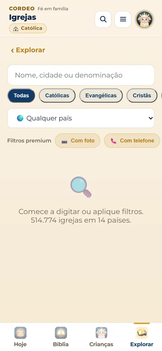 Busca de igrejas por nome, cidade ou tradição.