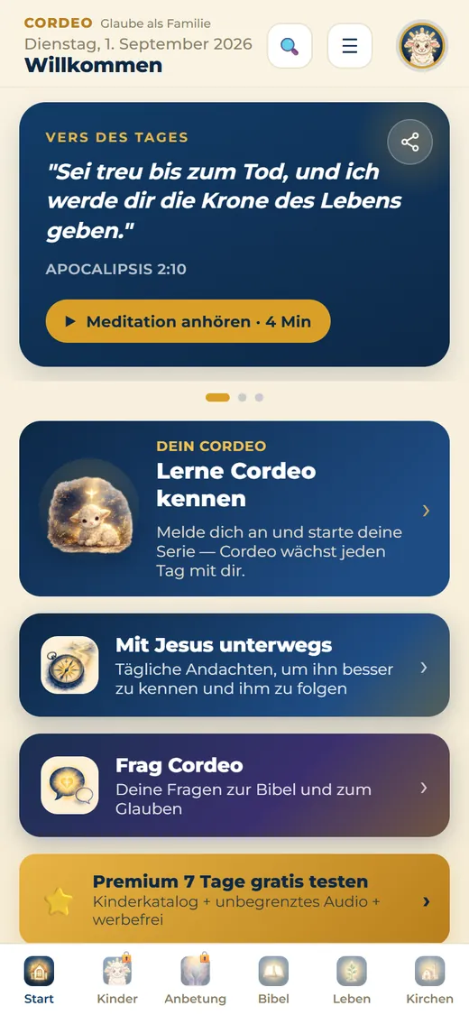 Startbildschirm von Cordeo mit dem Vers des Tages.