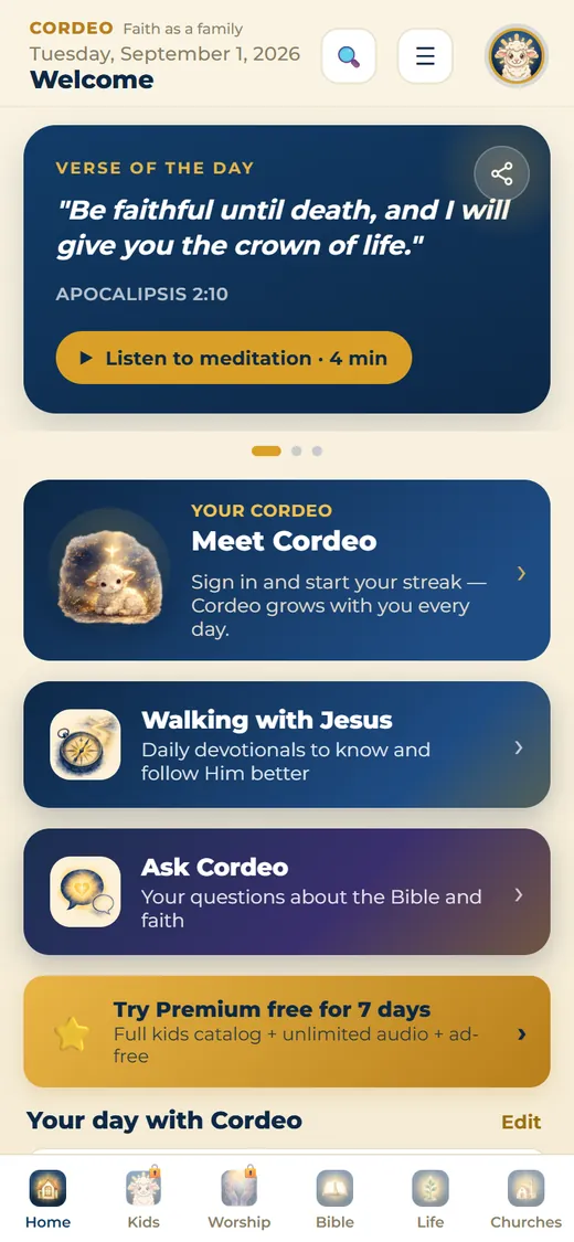 Cordeo home screen showing the verse of the day.