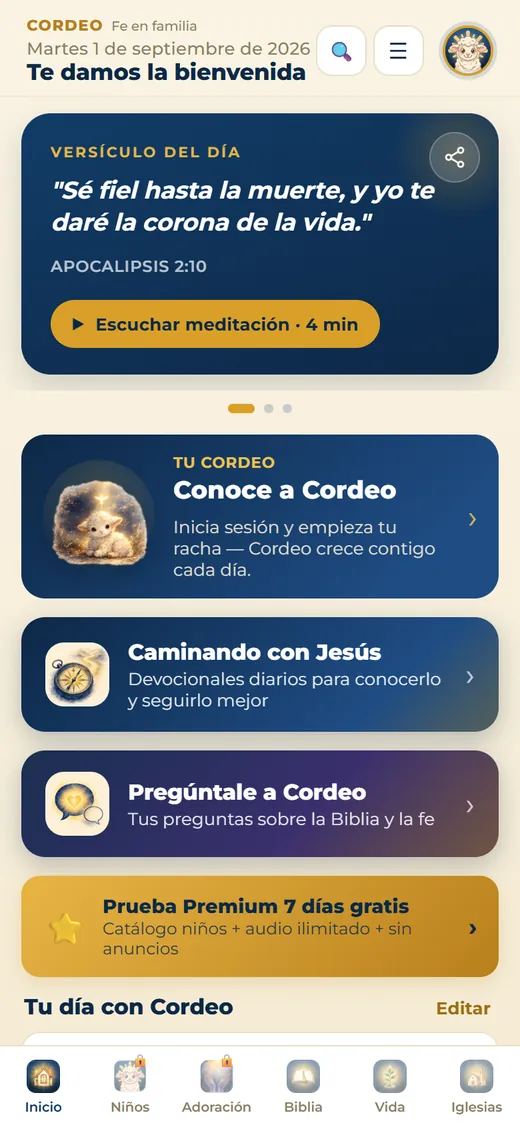 Pantalla de inicio de Cordeo con el versículo del día.