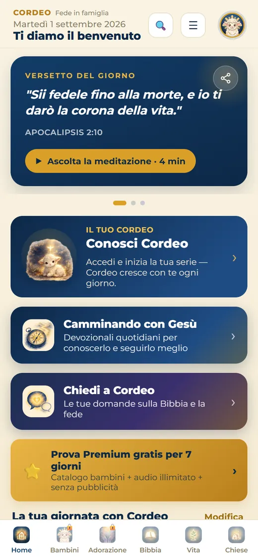 Schermata iniziale di Cordeo con il versetto del giorno.