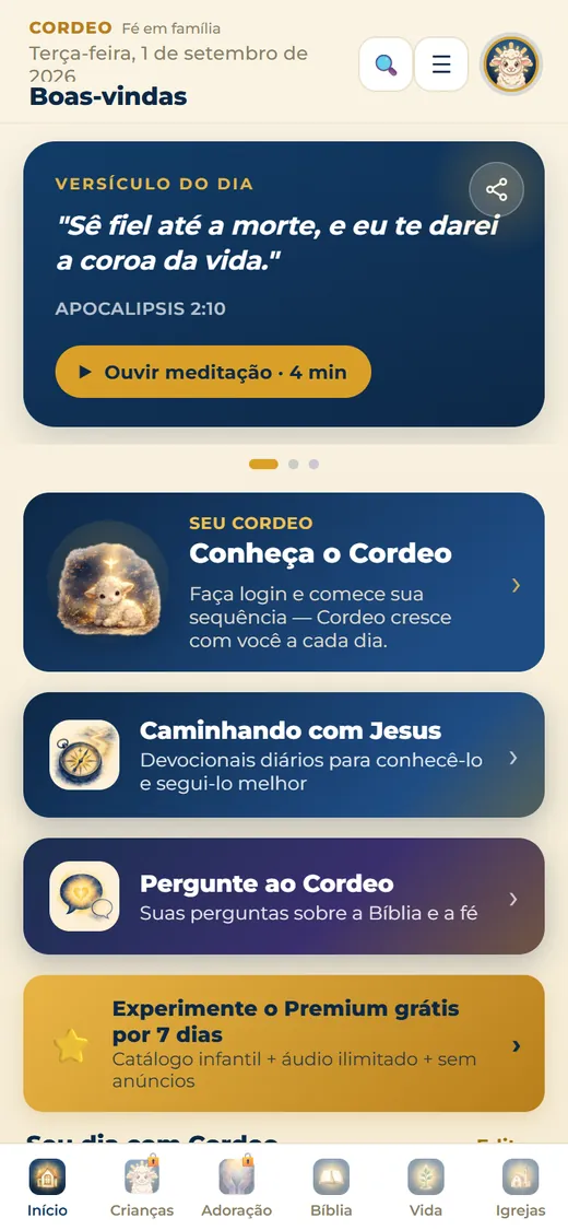 Tela inicial do Cordeo com o versículo do dia.