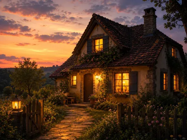 Una casa de campo iluminada al atardecer.
