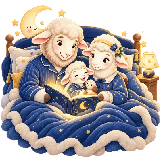 Una familia de corderitos leyendo un cuento en la cama antes de dormir.
