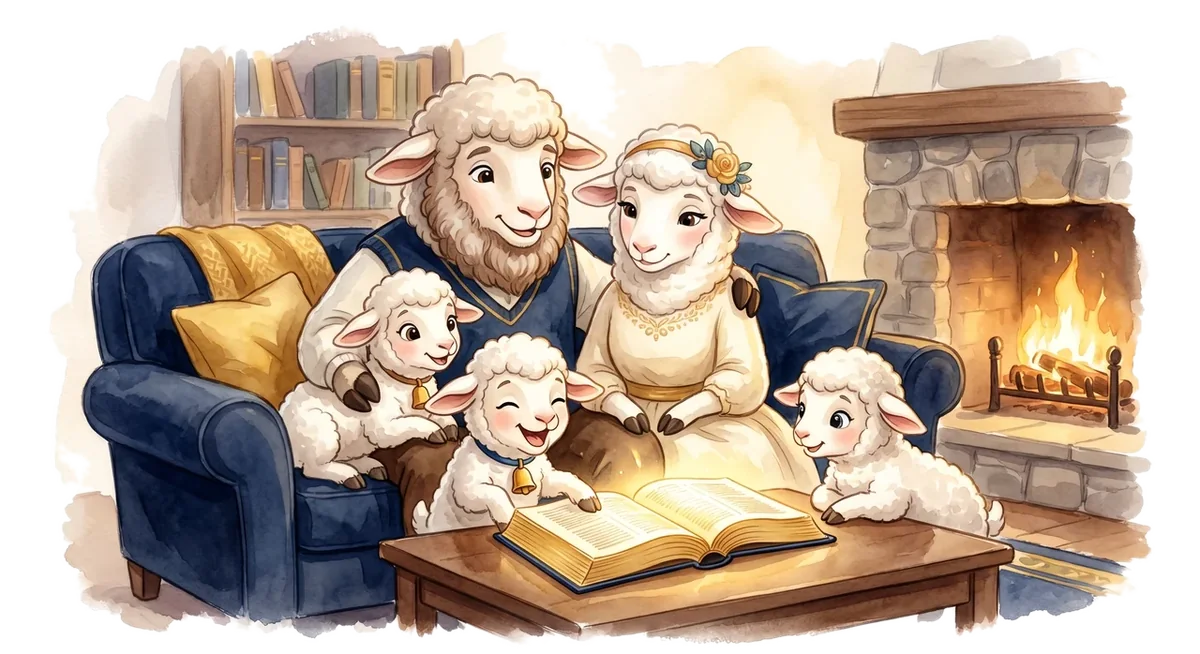 Una familia de corderitos leyendo la Biblia juntos junto a la chimenea.